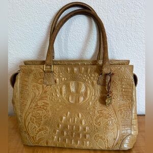 Brahmin Vintage Rare Floral Hand Tooled Tan Leather Handbag